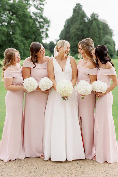 Mermaid Off the Shoulder Light Pink Long Bridesmaid Dresses