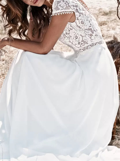 A-Line Ivory Wedding Dresses With Train V-Neck Short Sleeves Backless Lace Long Bridal Gown