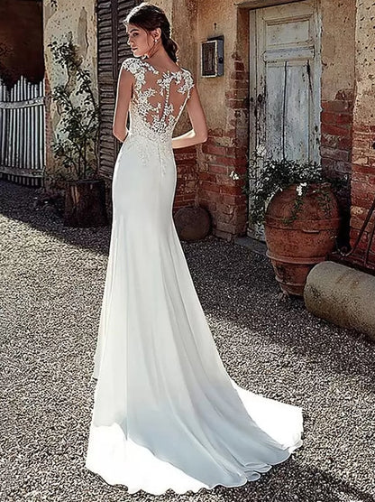 White Mermaid Wedding Dress Chiffon Illusion Neckline Sleeveless Court Train Applique Sheath Bridal Gowns