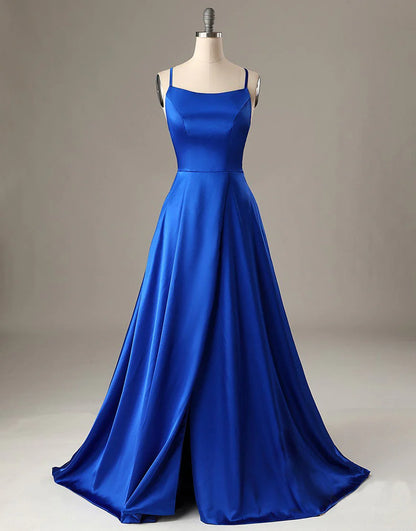 A-Line Satin Prom Dress Backless Evening Dress With Slit
