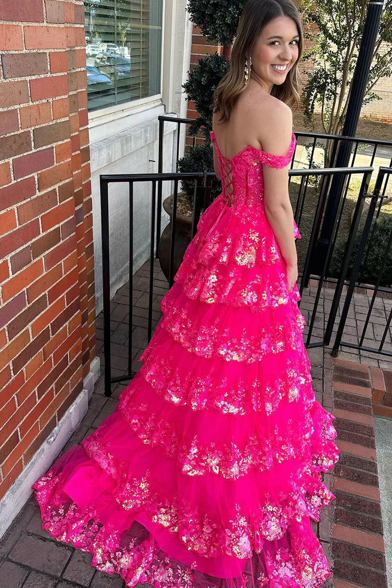Off the Shoulder Hot Pink Sequin Lace Long Prom Dresses with Slit