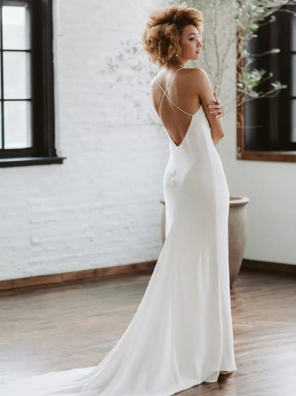 White Simple Mermaid Wedding V-Neck Sleeveless Criss-Cross Spaghetti Straps Lace-Up Backless Satin Fabric Bridal Dresses