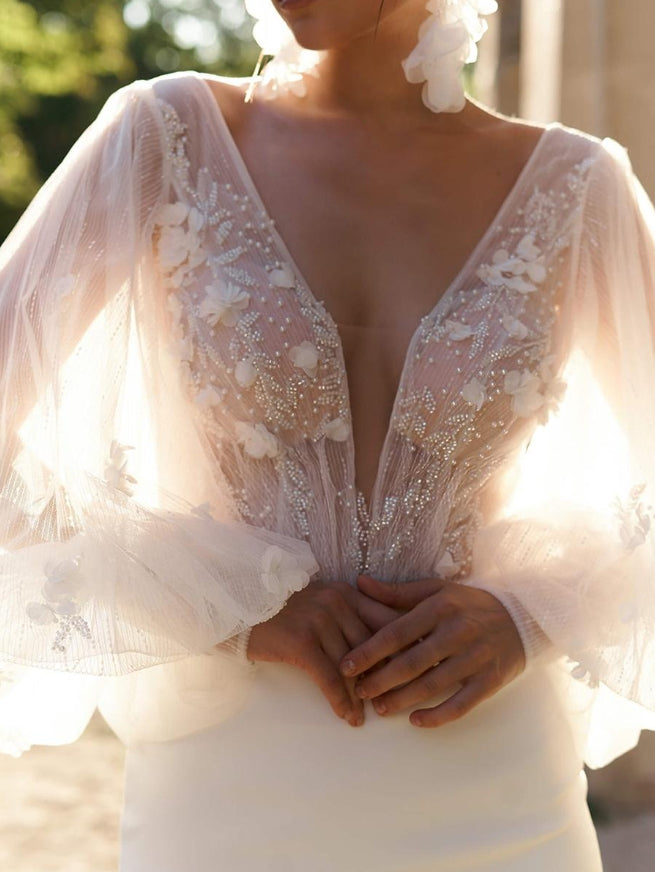 Short Wedding Dress V-Neck Long Sleeves Sheath Natural Waist Bridal Dress