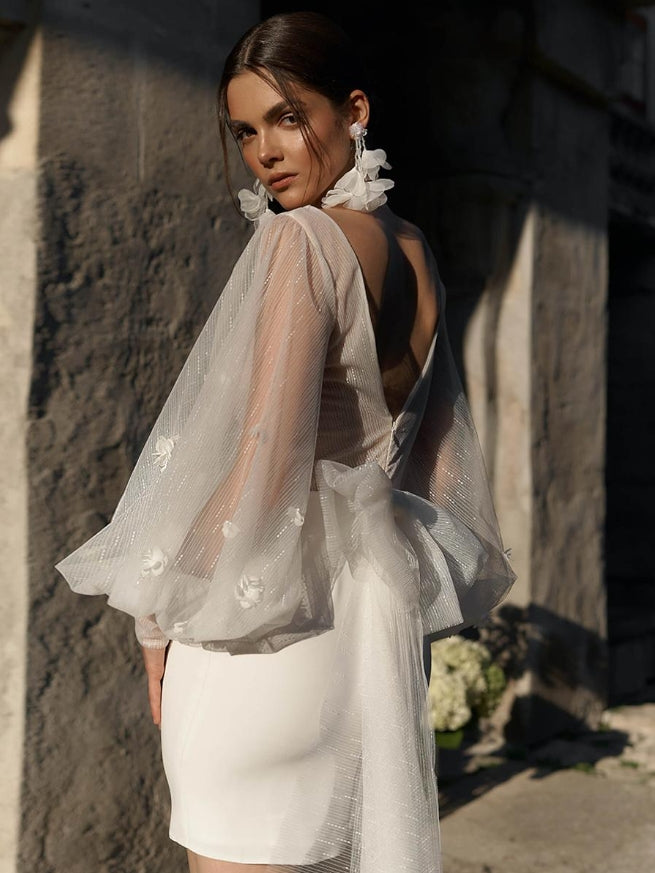 Short Wedding Dress V-Neck Long Sleeves Sheath Natural Waist Bridal Dress