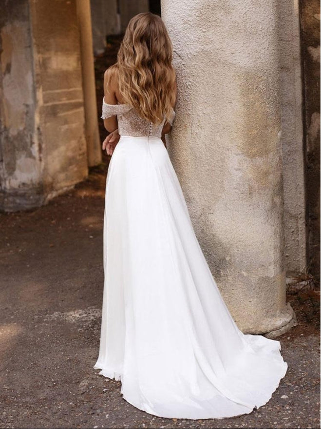 White Simple Causal Wedding Dress Satin Strapless Sleeveless Cut Out A-Line Off The Shoulder Long Bridal Dresses