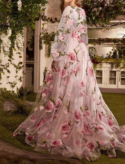 A-Line Prom Dresses Floral Dress Long Sleeve Jewel Neck Lace with Floral Print