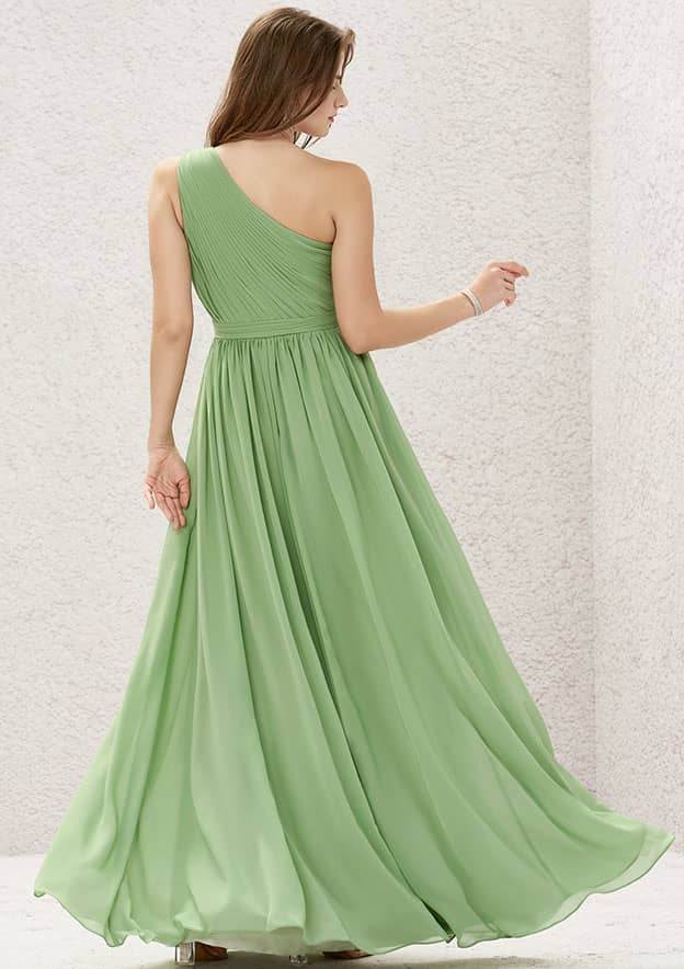 One-Shoulder Sleeveless Long Chiffon Bridesmaid Dress With Pleated