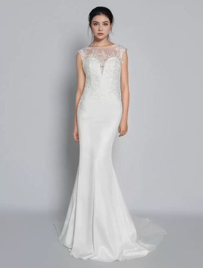 White Mermaid Wedding Dress Chiffon Illusion Neckline Sleeveless Court Train Applique Sheath Bridal Gowns