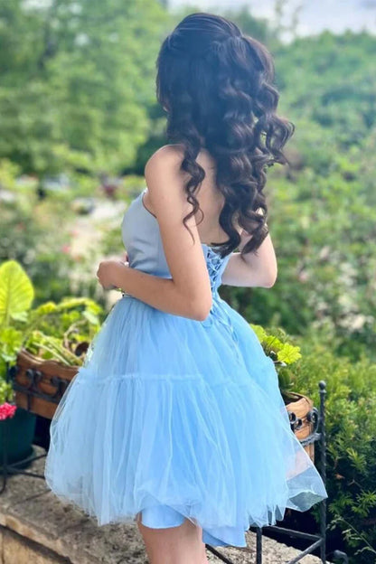 A-Line Princess Tulle Light Blue Strapless Homecoming Dress