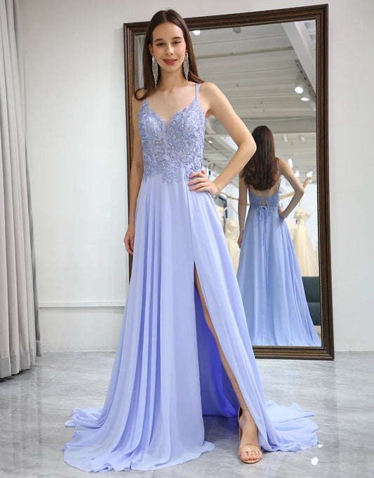 Lavender A Line Lace Dress Long Prom Dress With Slit