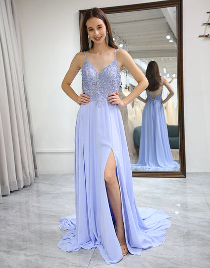 Lavender A Line Lace Dress Long Prom Dress With Slit