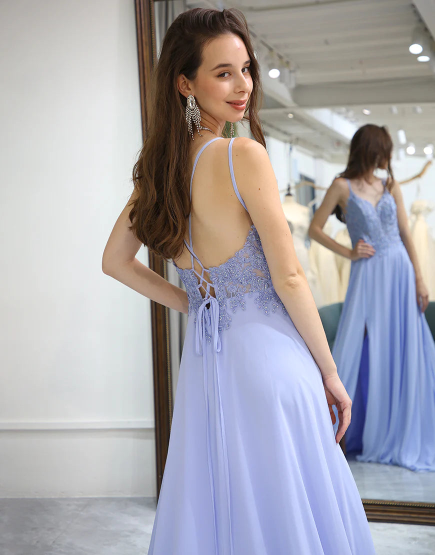 Lavender A Line Lace Dress Long Prom Dress With Slit