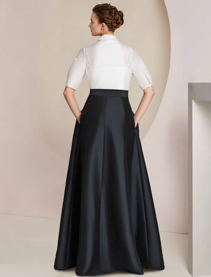 A-Line Mother of the Bride Dress Formal Wedding Guest Elegant Party Shirt Collar Floor Length with Bow(s)