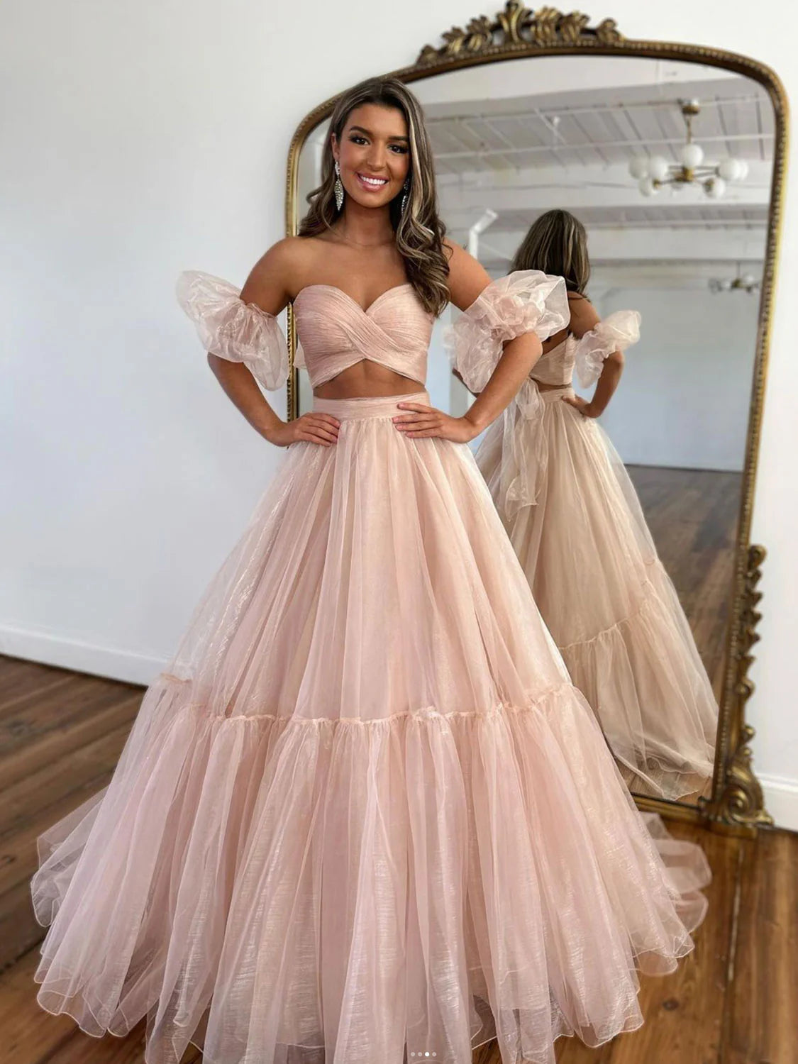 A-Line Two Pieces Tulle Pink Long Prom Dress Evening Dress