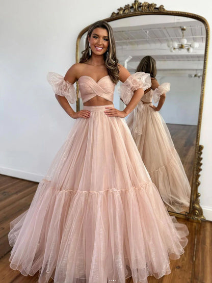 A-Line Two Pieces Tulle Pink Long Prom Dress Evening Dress
