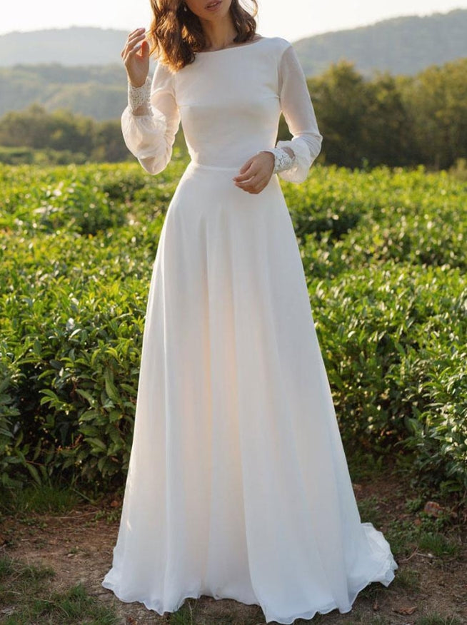 Simple Wedding Dress Lycra Spandex Bateau Neck Long Sleeves Lace A Line Bridal Gown
