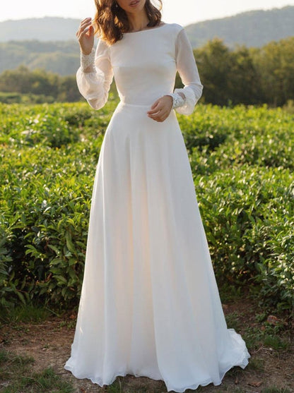 Simple Wedding Dress Lycra Spandex Bateau Neck Long Sleeves Lace A Line Bridal Gown