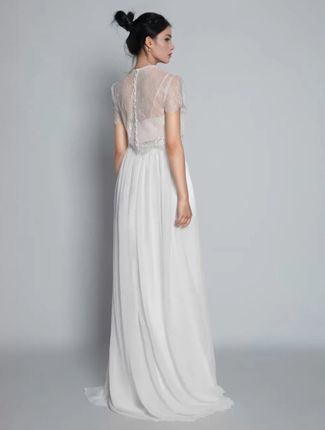 Ivory Two-piece Wedding Dress Lace Jewel Neck A-Line With Train Short Sleeves Bridal Dress