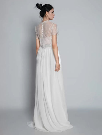 Ivory Two-piece Wedding Dress Lace Jewel Neck A-Line With Train Short Sleeves Bridal Dress