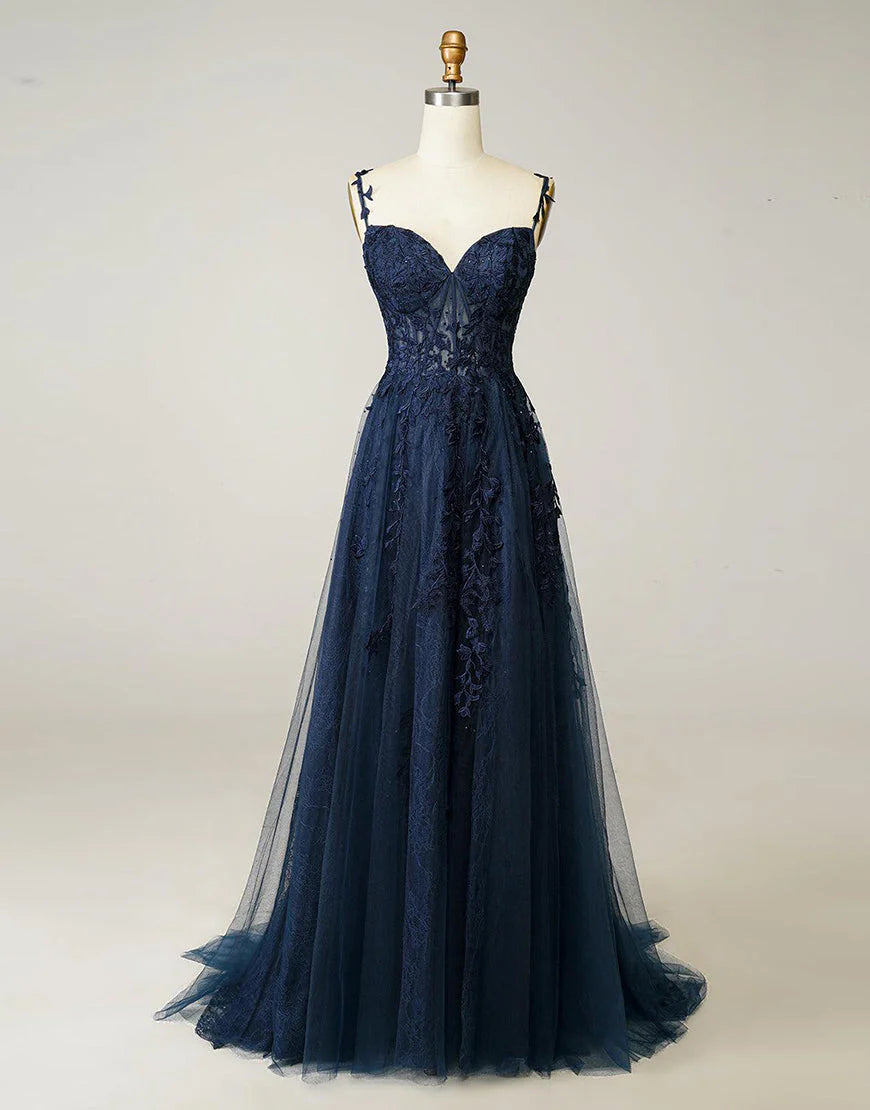 A-line Long Tulle Appliques Prom Dress With Slit