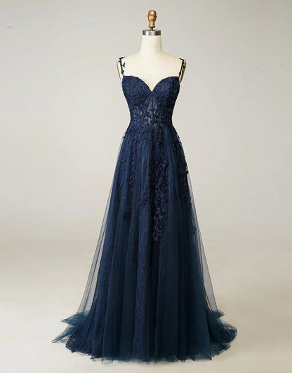 A-line Long Tulle Appliques Prom Dress With Slit