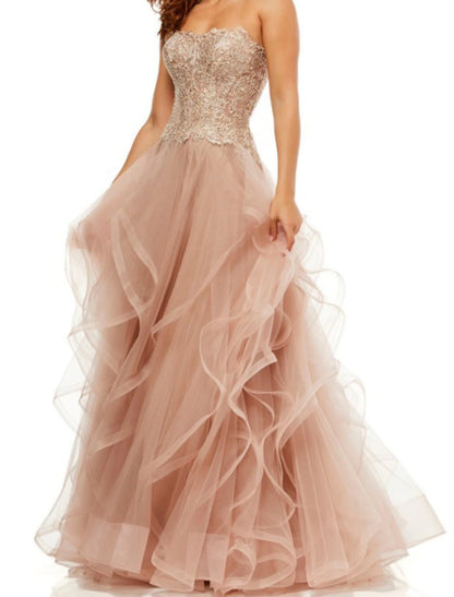 A-Line Party Dress Prom Dress Strapless Sleeveless Floor Length Tulle with Tier Embroidery