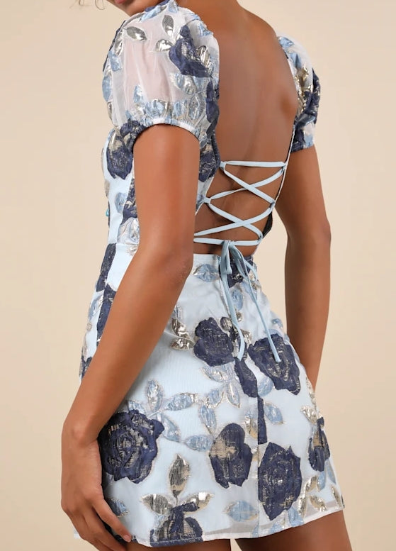 Blue Floral Jacquard Puff Sleeve Bodycon Mini Dress Cocktail Dresses