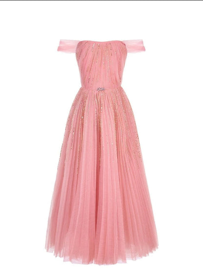 Glitter A-Line Princess Off-Shoulder Mesh Midi Dress Prom Dresses Cocktail Dresses