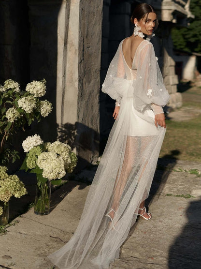 Short Wedding Dress V-Neck Long Sleeves Sheath Natural Waist Bridal Dress
