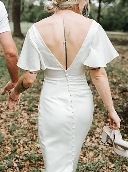 Short Simple Wedding Dresses Tea-Length V-Neck Short Sleeves Sheath Bridal Gowns