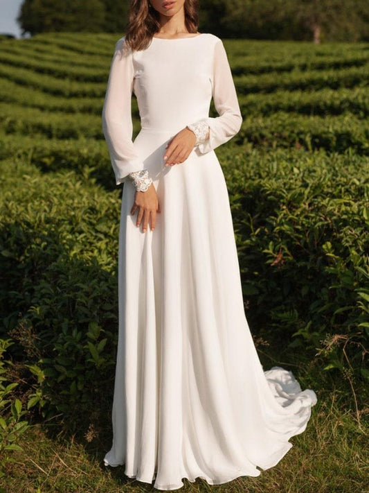 Simple Wedding Dress Lycra Spandex Bateau Neck Long Sleeves Lace A Line Bridal Gown