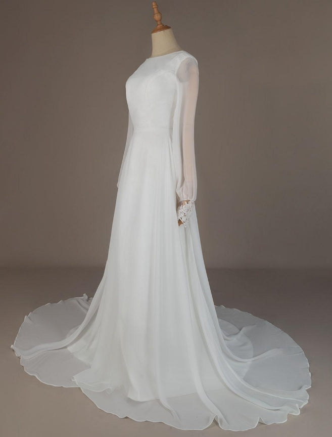 Simple Wedding Dress Lycra Spandex Bateau Neck Long Sleeves Lace A Line Bridal Gown