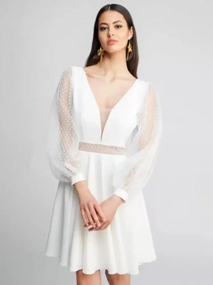 Short A-Line Wedding Dresses Short V-Neck Long Sleeves Short Tulle Short Bridal Dress