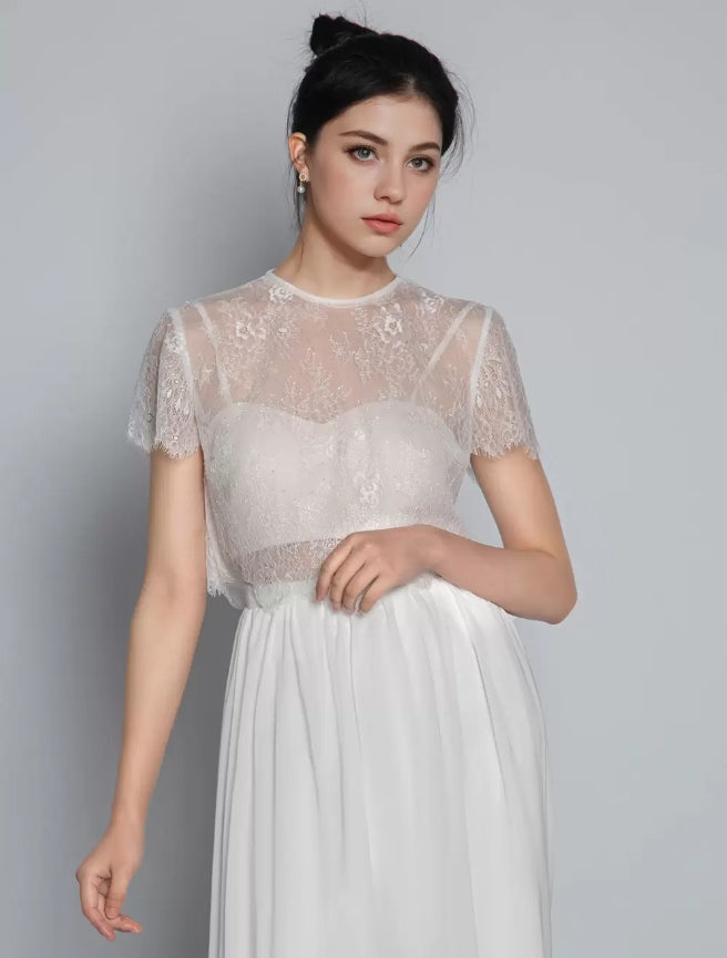 Ivory Two-piece Wedding Dress Lace Jewel Neck A-Line With Train Short Sleeves Bridal Dress
