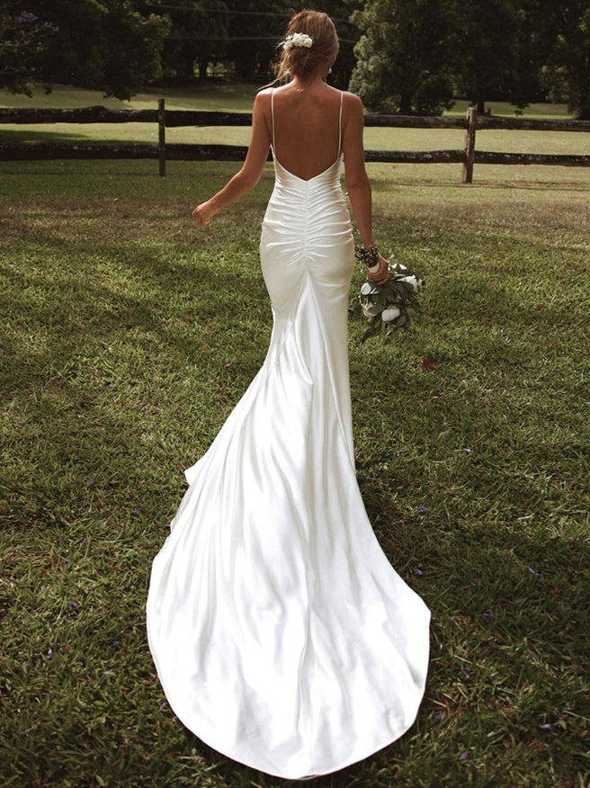 Simple Wedding Dress Mermaid V-Neck Sleeveless Pleated Bridal Dresses With Slit