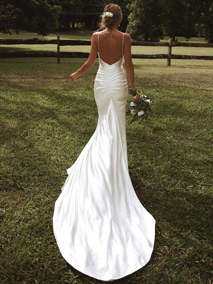 Simple Wedding Dress Mermaid V-Neck Sleeveless Pleated Bridal Dresses With Slit