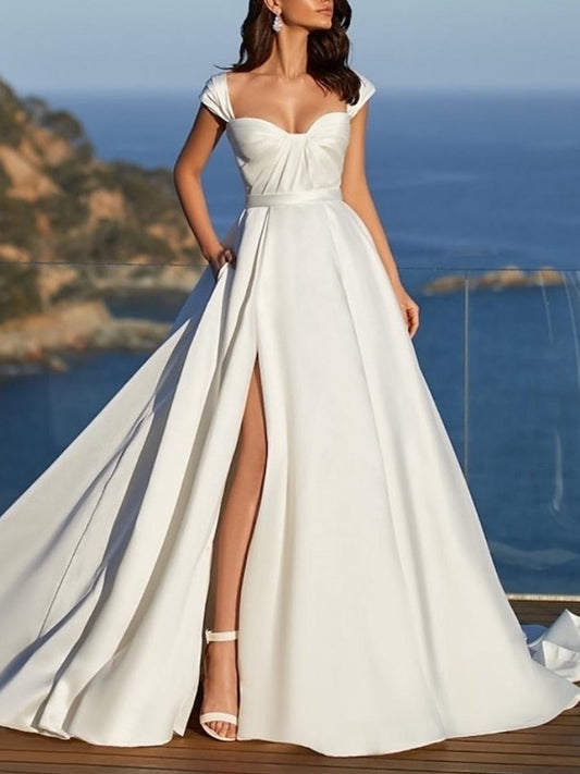 Simple Wedding Dress Satin Sweetheart Neck Sleeveless Split Front A-Line Bridal Dresses