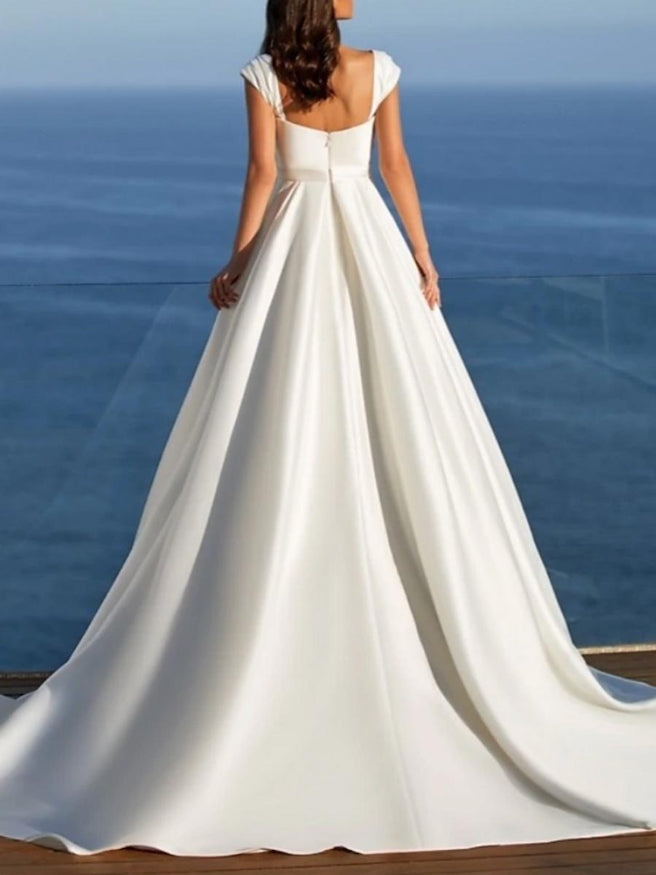 Simple Wedding Dress Satin Sweetheart Neck Sleeveless Split Front A-Line Bridal Dresses