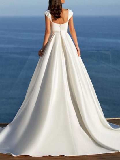 Simple Wedding Dress Satin Sweetheart Neck Sleeveless Split Front A-Line Bridal Dresses
