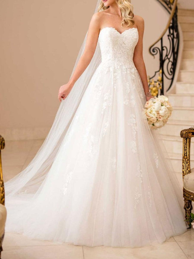 White Simple Princess Ball Gown Wedding Dress A-Line Strapless Sleeveless Backless Lace Bridal Dresses