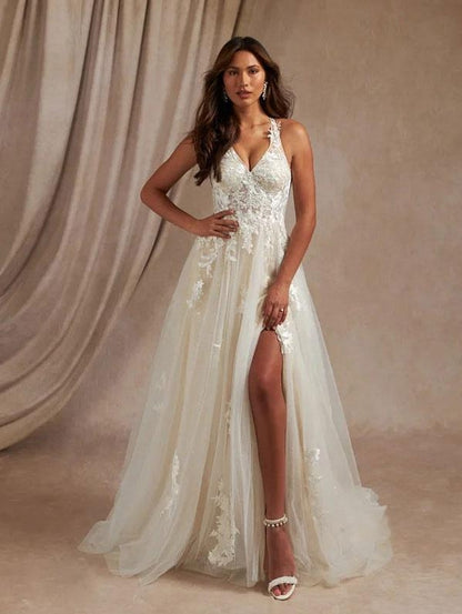 Simple Wedding Dress A-Line V-Neck Sleeveless Lace Bridal Gowns With Slit