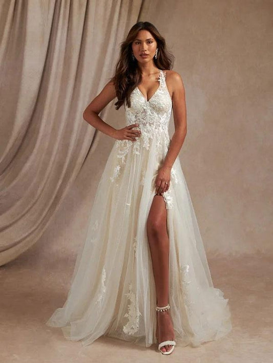 Simple Wedding Dress A-Line V-Neck Sleeveless Lace Bridal Gowns With Slit