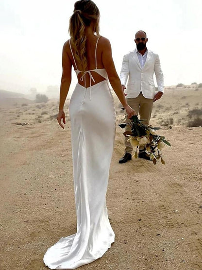 Simple Wedding Dress Mermaid Strapless Sleeveless Pleated Satin Bridal Gowns