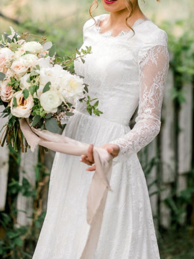Ivory Simple Lace Wedding Dress With Train A-Line Jewel Neck Lace Up Long Sleeves Bridal Gowns