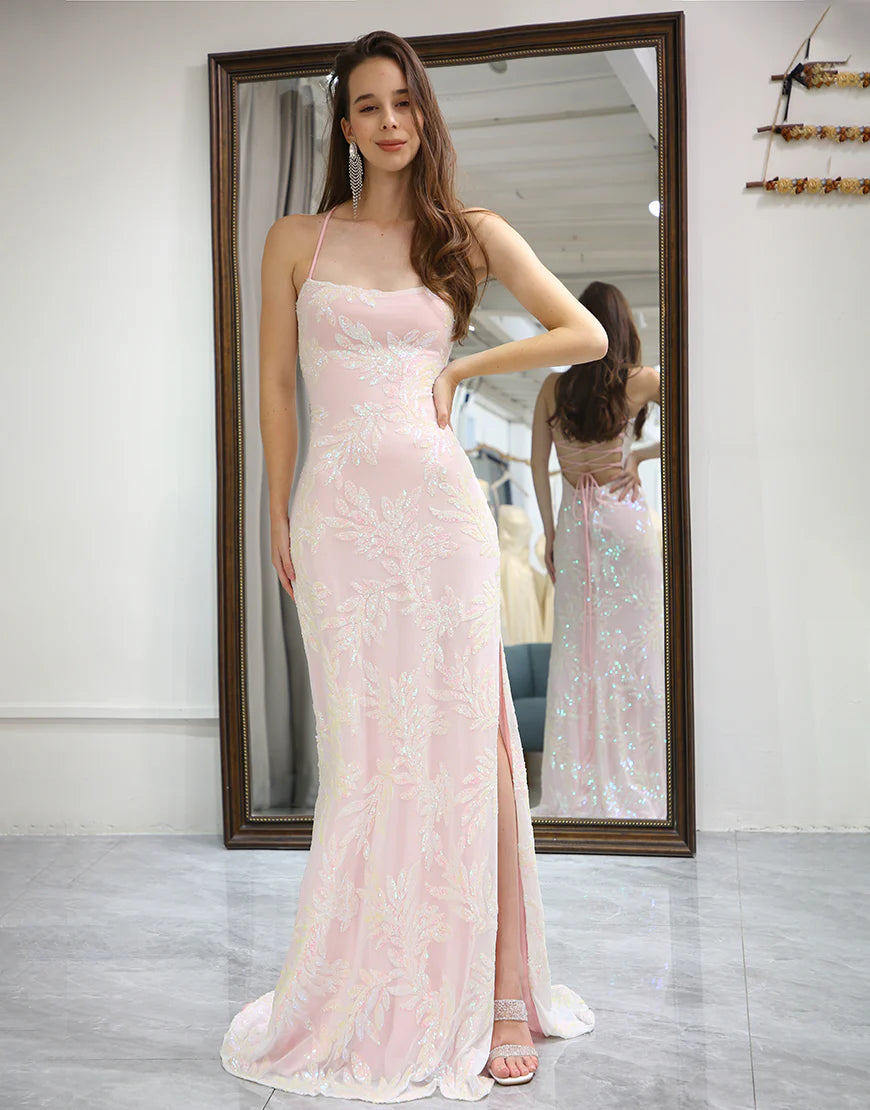 Mermaid Pink Long Prom Dress Backless with Appliques