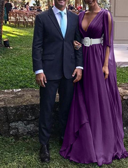 A-Line Wedding Guest Dress Party Dress Black Tie Floor Length Long Sleeve V Neck Fall Chiffon with Belt