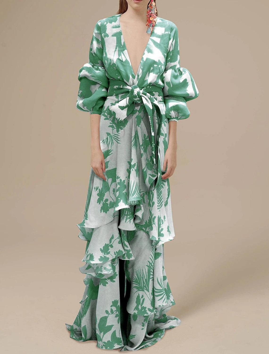 A-Line Floral Wedding Guest Dress Summer Floor Length Long Sleeve V Neck Polyester With Print Strappy