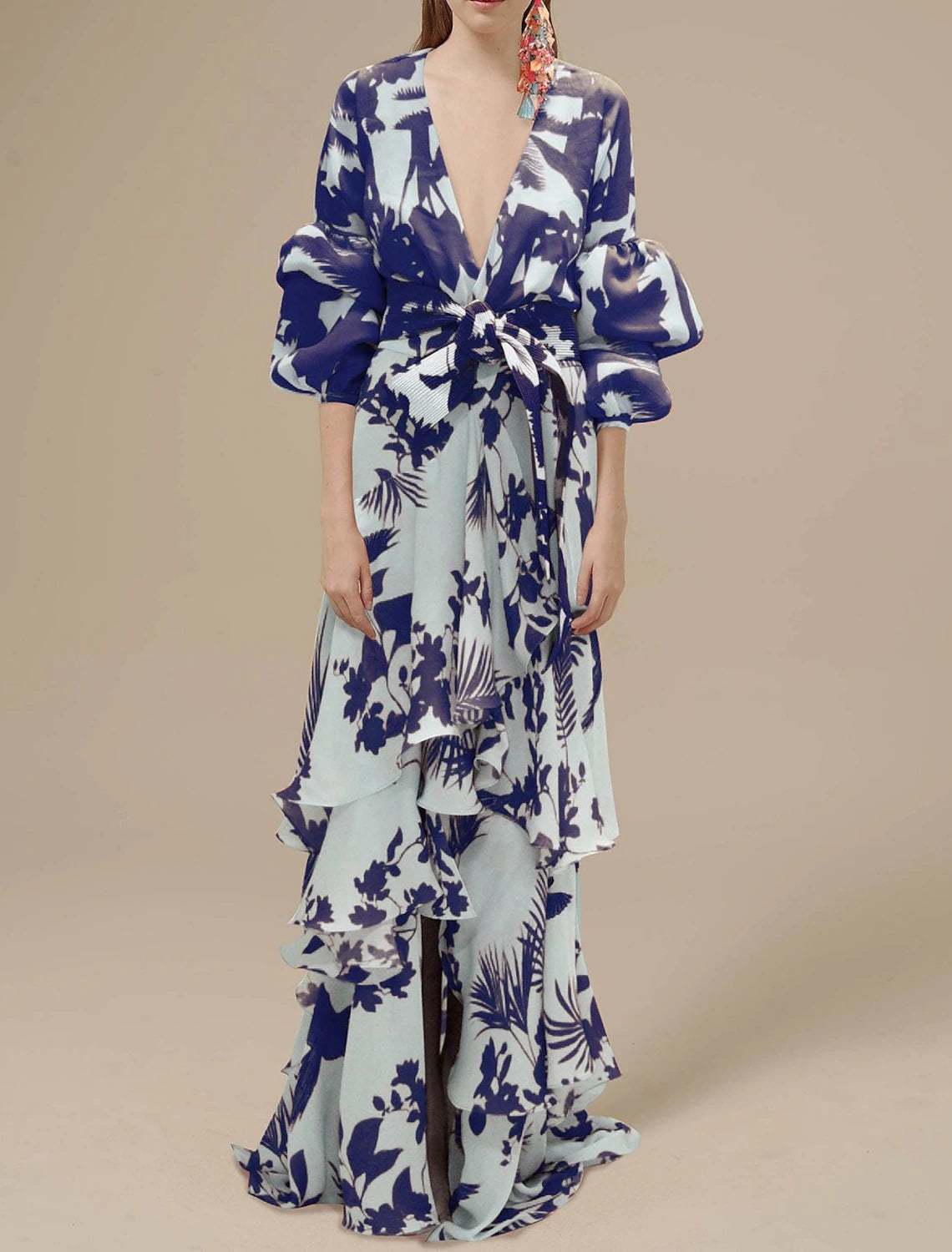A-Line Floral Wedding Guest Dress Summer Floor Length Long Sleeve V Neck Polyester With Print Strappy