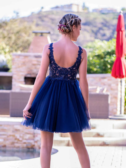 Navy Blue Deep V-neck Lace Tulle Mini Length Homecoming Dress