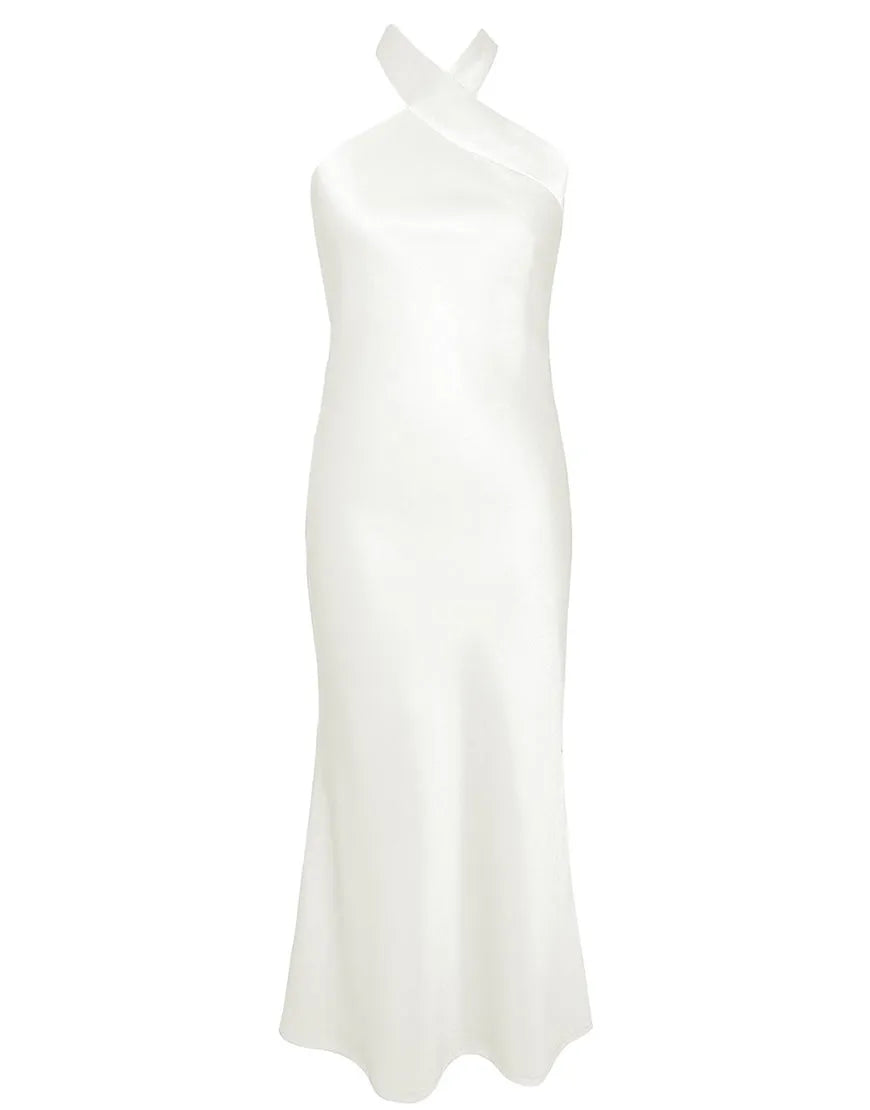 Simple Ivory Sheath Halter Neckline Tea Length Bridesmaid Dress Wedding Guest Party Dresses